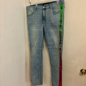 Homme + Femme Men’s Skinny Blue Jeans Size 38 Green Pink Gradient Logo Ribbon
